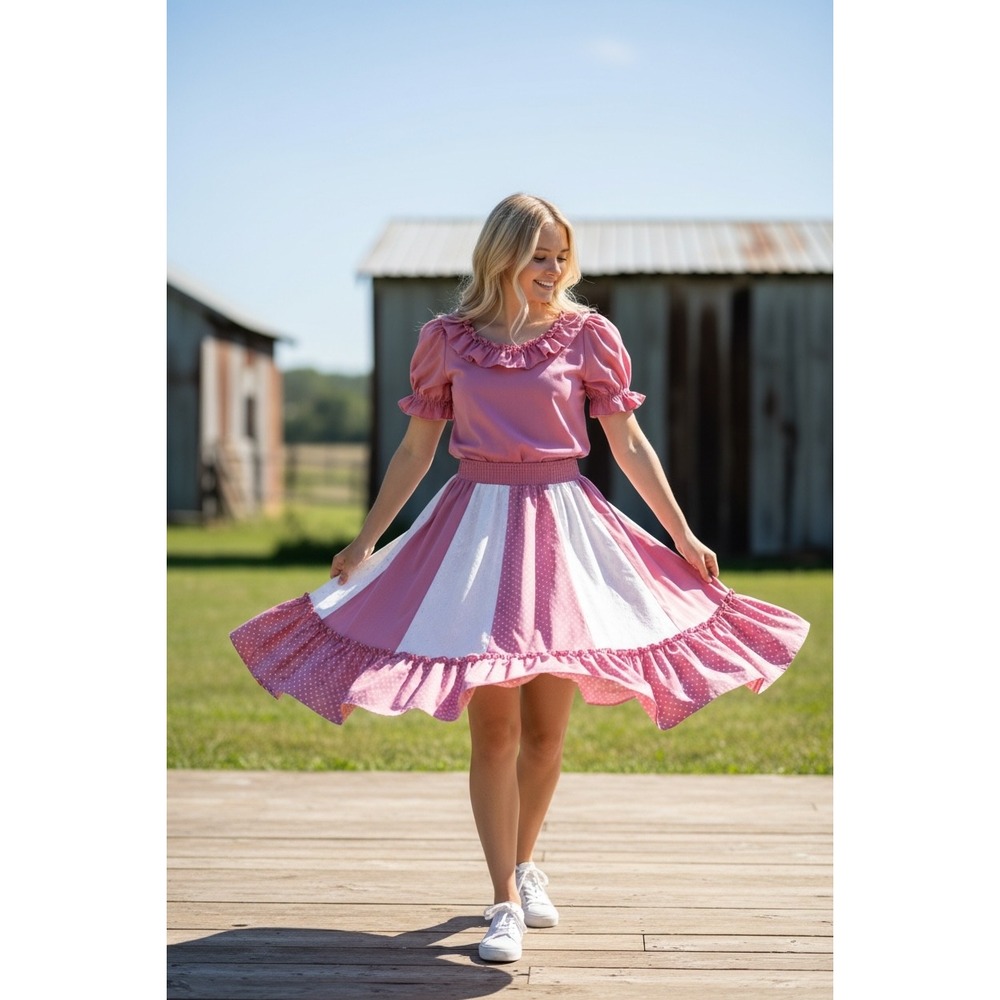 Partners Please Square Dance Skirt Set Pink White Polka Dot Eyelet Ruffle 2PC